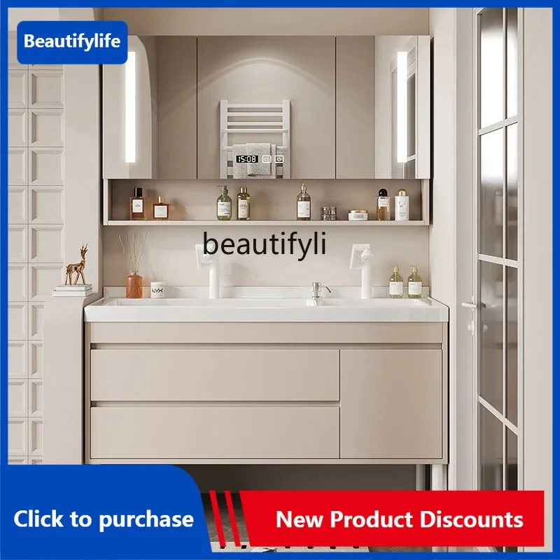 

Light Luxury Smart Bathroom Cabinet Combination Ceramic Integrated Solid Wood Stone Plate Bathroom Wash Wash Basin