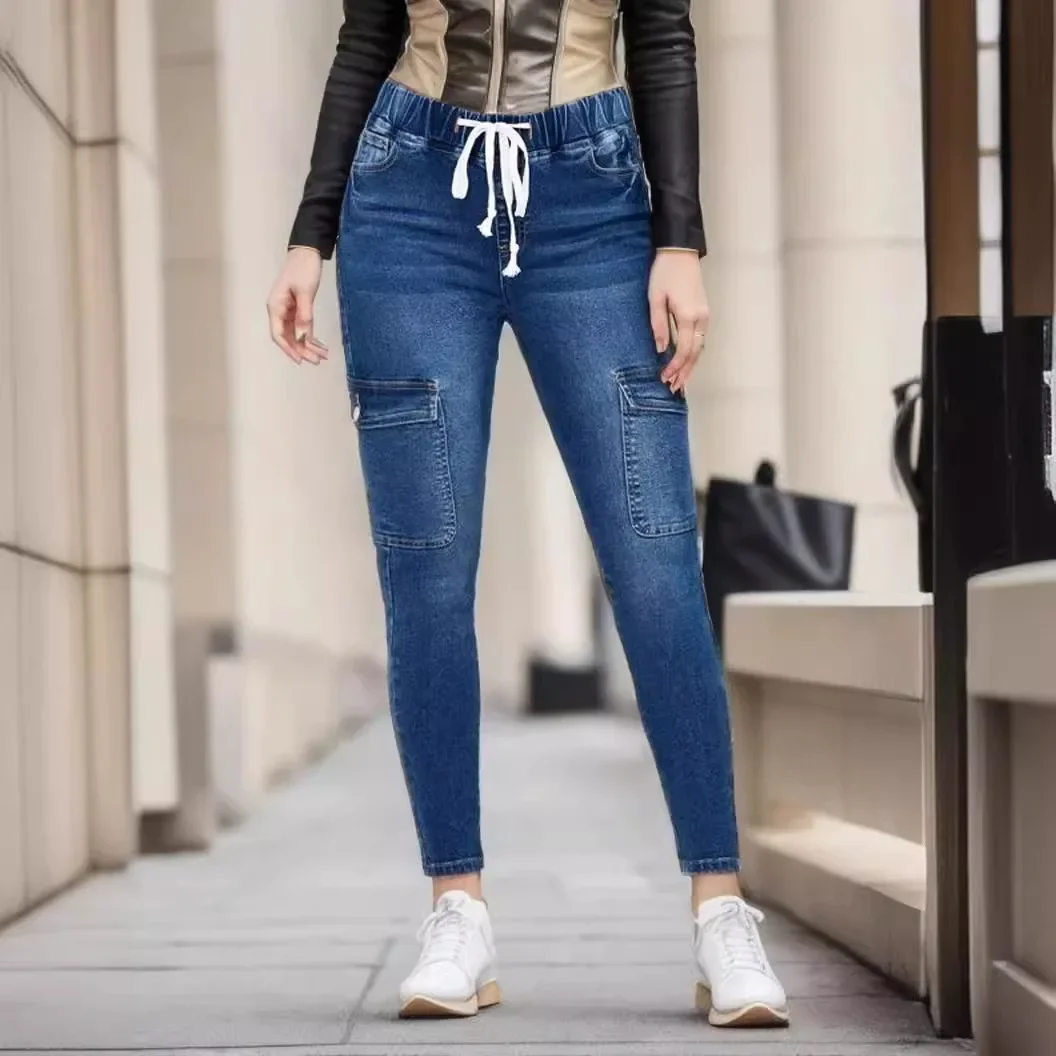 

Stretch Pencil Jeans Women Vintage Denim Pants Multi Pocket Slim Fit Lace Up Denims 2025 Streetwear Elastic Waist Trousers