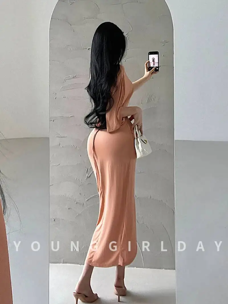 الخريف فضفاض فستان طويل غير رسمي الخامس الرقبة الملتوية حزام الخصر سبليت فستان أنيق برتقالي وردي فساتين ضئيلة المرأة 2024 جديد أعلى 07PM