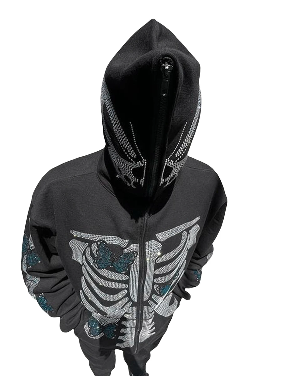 

Halloween Rhinestone Skeleton Hoodies for Women Men Y2k Full Zip Up Punk Goth Aesthetic Hooded Sweatshirt Jacket