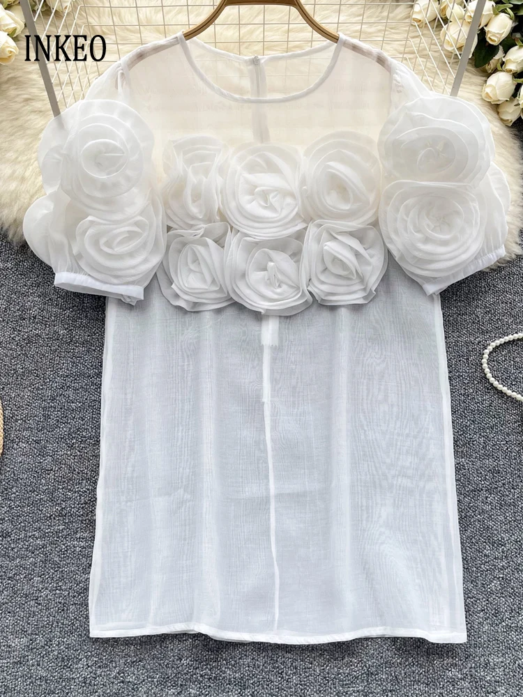 

Дизайнерские Прозрачные топы для женщин, летняя трехмерная рубашка с цветочным рисунком и коротким рукавом, однотонная блузка INKEO 4T159, 2024