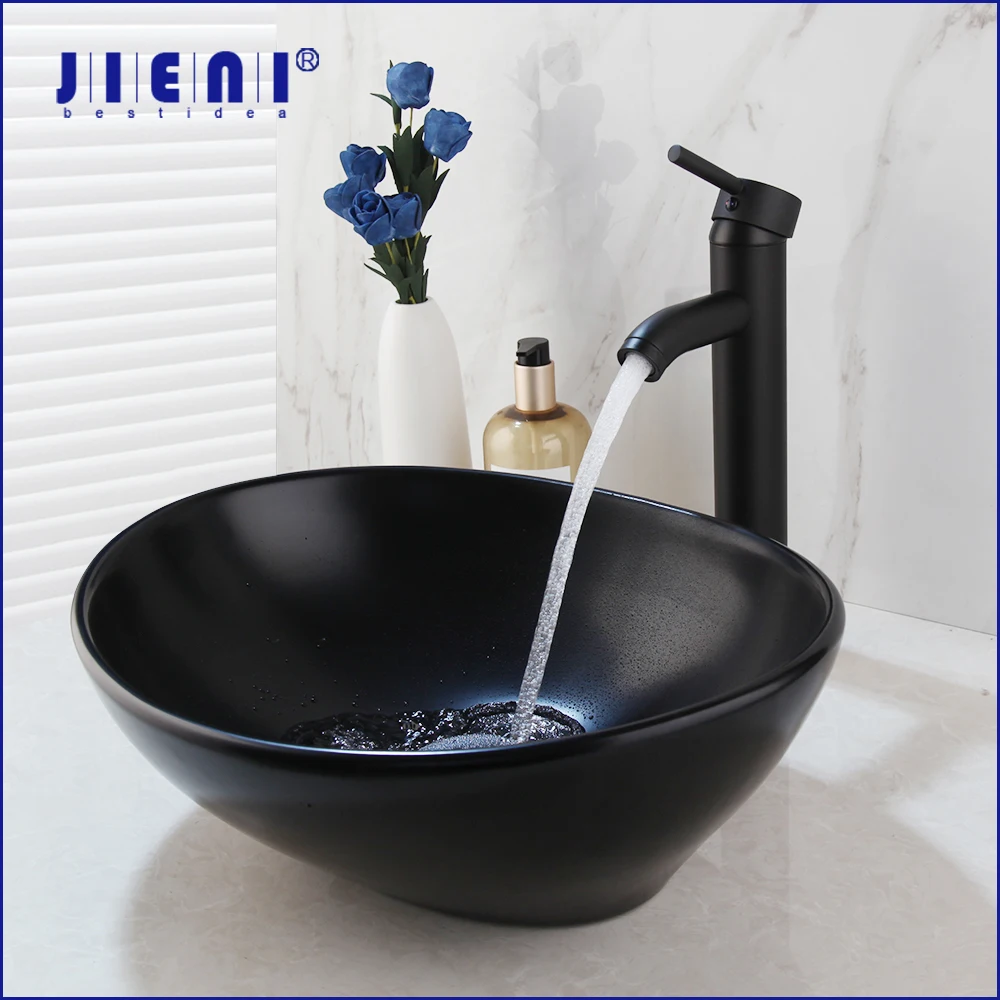 JIENI Matte Black Bathroom Bowl Sink Ceramic Oval Washbasin Handpainting Lavatory Bath Basin Combine W/ Brass Faucet Mixer Tap