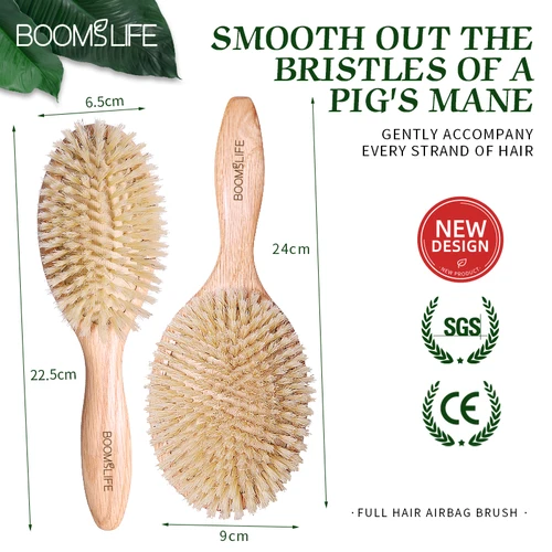 Imagen 2 del producto BOOMSLIFE-cepillo de pelo de cerdas de jabalí suaves para mujer, masaje personalizado del cuero cabelludo, desenredante, peine de madera de roble para accesorios de peluquero