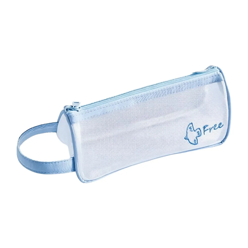 Cute Triangular Mesh Pencil Case Transparent with Handle Stationery Storage Bag Large Capacity Washable Pen Pouch for Students