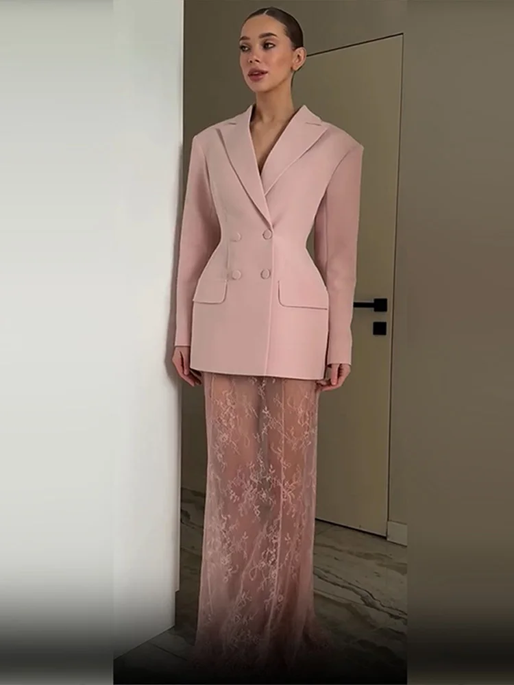 Solid Breasted Suit Top Half Skirt Women Set Lapel Pocket Top See Through Mesh Skirts Elegant Spring Summer Lady Commute Sets