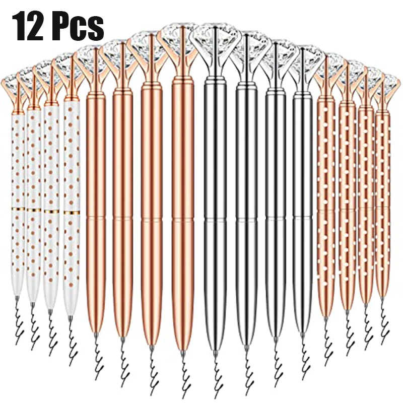 

12Pcs Polka Dot Diamond Top Twist Ballpoint Pens, Rose Gold Silver White Multi Color Crystal Metal Refillable Signature Pens