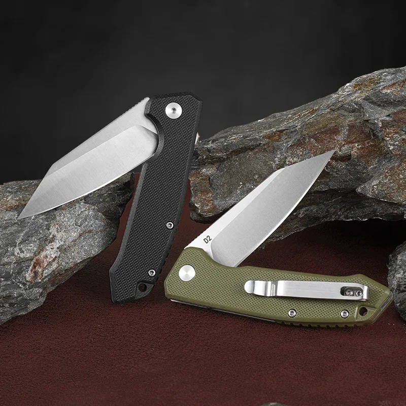 RHON 3inch EDC Pocket Knife with Chinese D2 Steel Sharp Blade Outdoor Surivial Camping Cutting Folding Knives Black G10 Handle