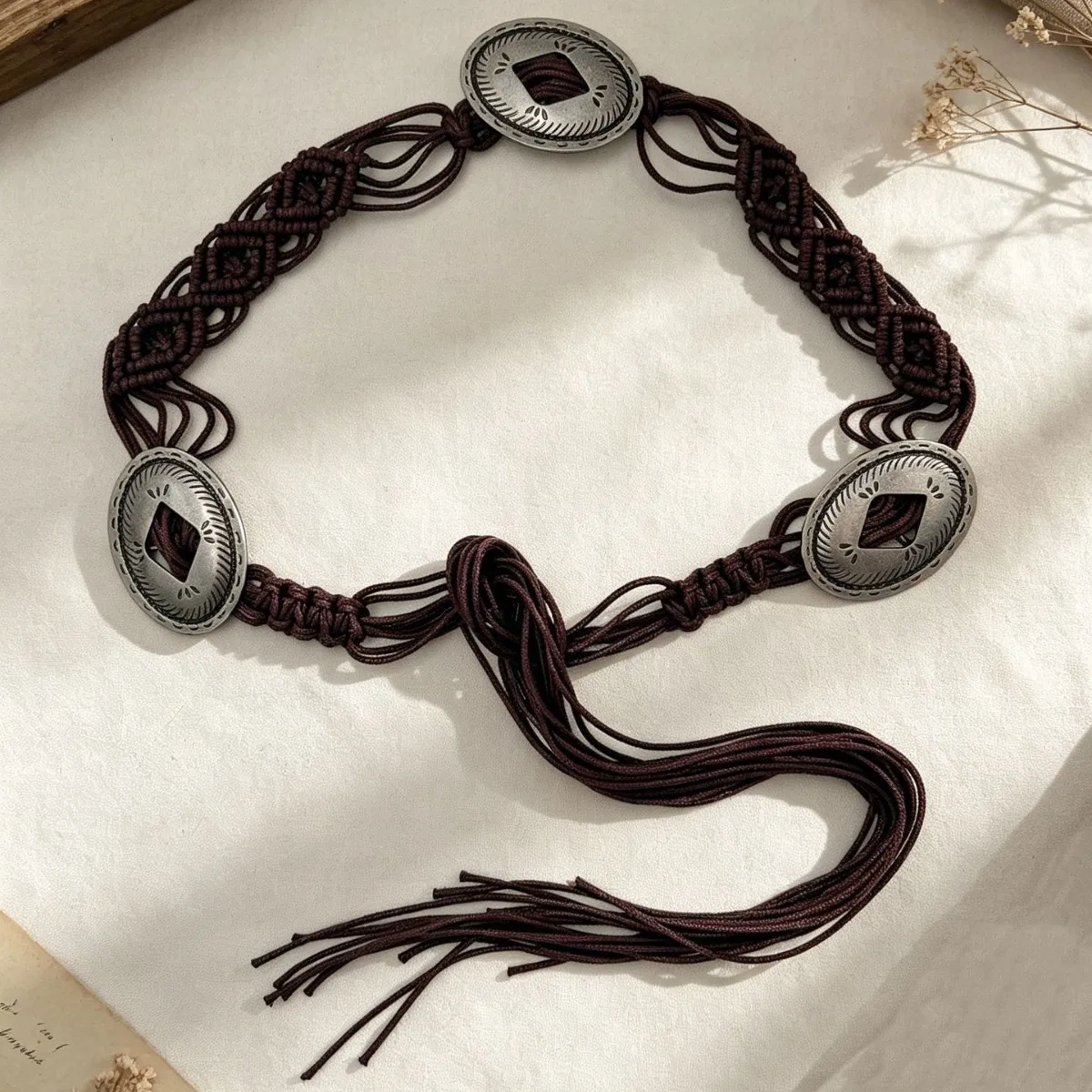 Vintage Weave Tassels Waist Chain Women's Ethnic Style Distressed Metal round Brand Wax Rope Belt Bohemian Wear Accessory