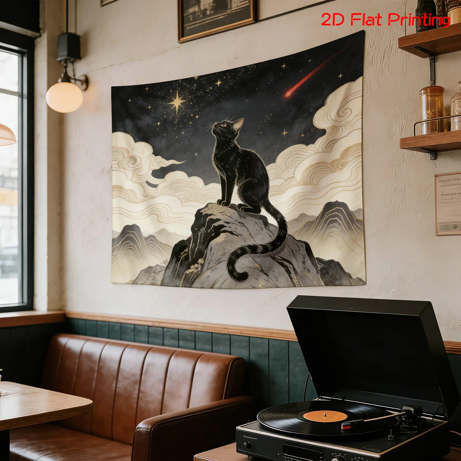 Fantasy Cat Night Sky Tapestry Wall Hanging Black Cat Art Galaxy Stellar Mountain Landscape Polyester Print Boho Room Decor