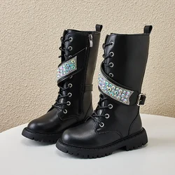 2023 New Girls High Boots Casual Sequined Korean Style Side Zipper Black Beige Princess Shoes Children Boots for Catwalk Elegant