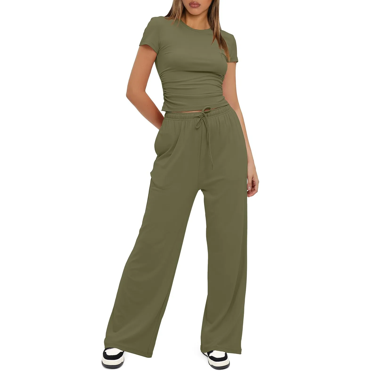 Fashion Classic Skinny Two Piece Outfits Summer Short Sleeve Ruched Tops And Wide Leg Long Pants Tracksuit Matching Set For Lady