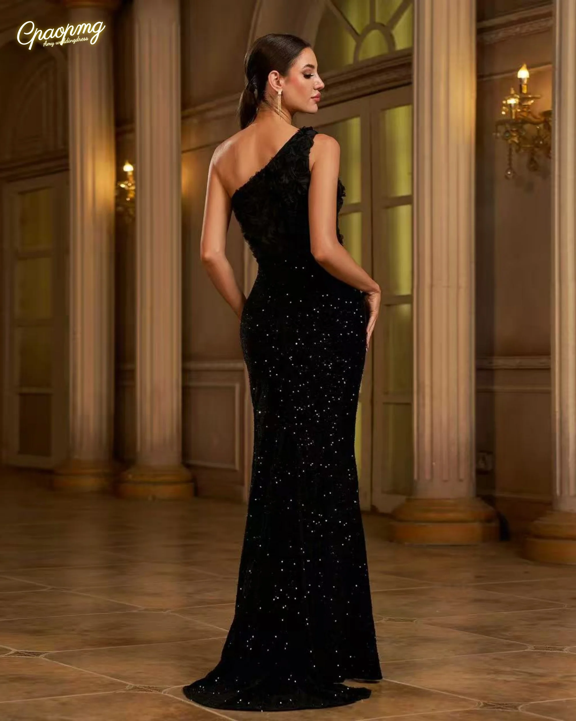 Customized  New One Shoulder Black Split Evening Gown Wedding Birthday Party Formal Occasion Graduation Chic Elegant Woman Dress