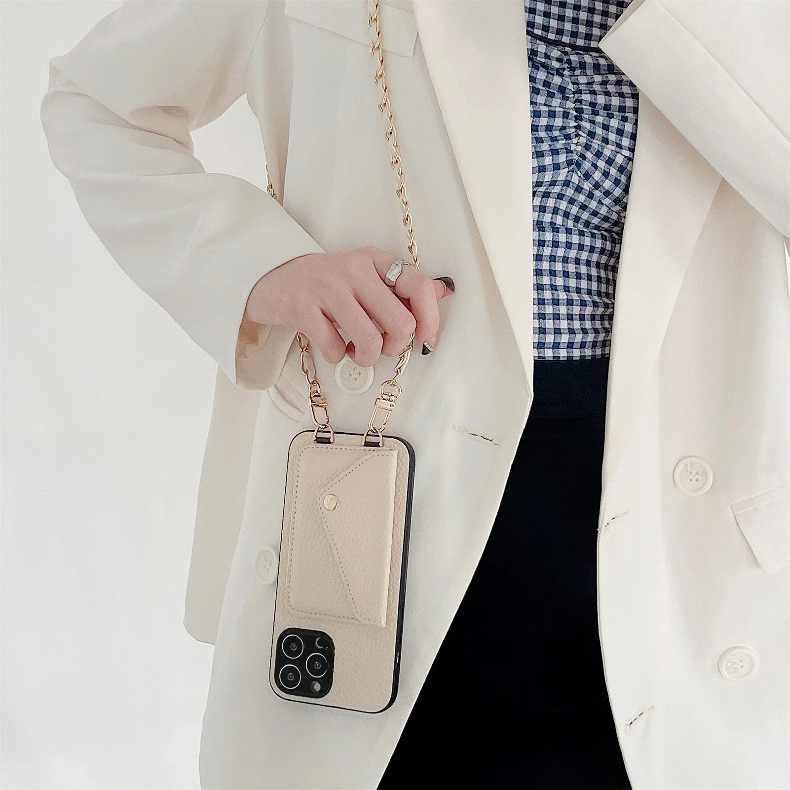 Telefoonhoesje met crossbody-tas, kaarthouder en kettingriem voor iPhone 17 Air 16 15 14 13 12 11 Pro Max XR XS 8 7