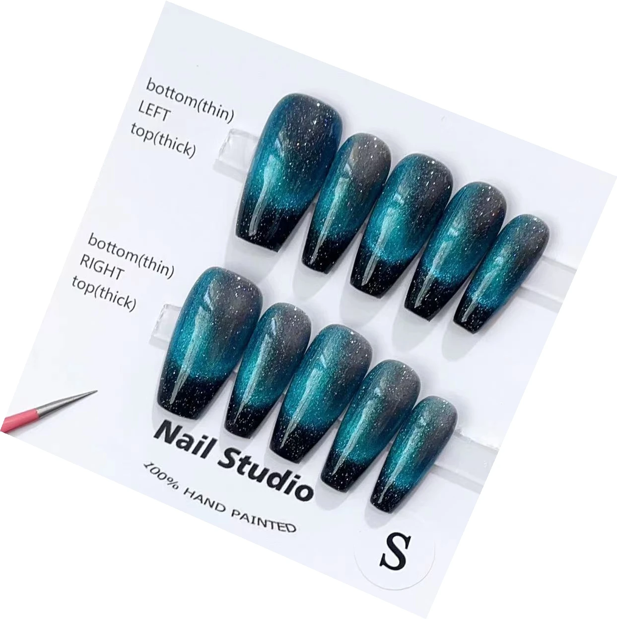 100% Handmade Press On Nails with Blue Cat Eye Effect, Medium Coffin Shape, Cool and Modern In Emmabeauty Store No. EM19152