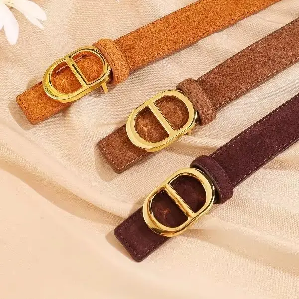 Cowhide suede D-buckle gold alloy buckle belt for women, student fashion, European and American jeans belt for women