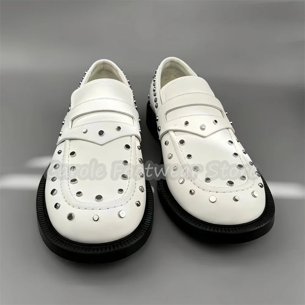 Fashion Genuine Leather Platform Male Slip-On Loafers Punk Rivet Stud Decor Shallow Derb Shoes Business Formal Party Dress Shoes