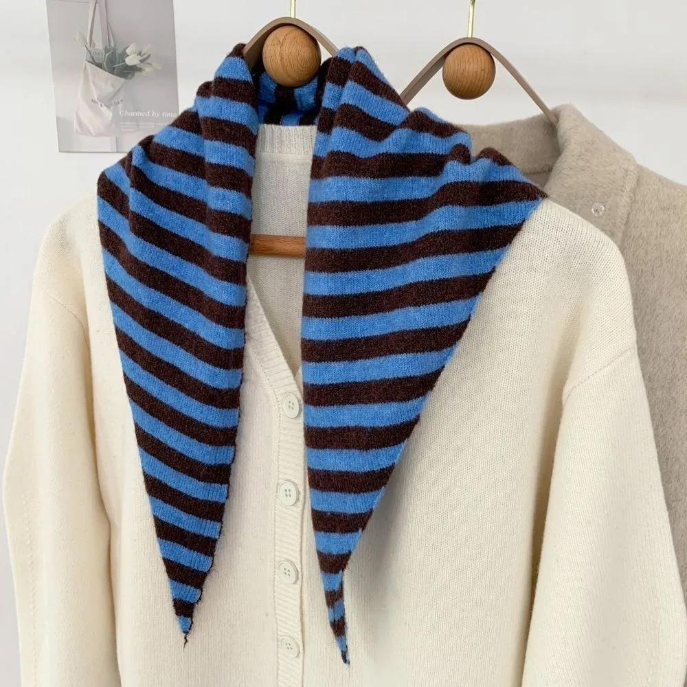 Fashion Solid Color Knitted Triangle Scarf Striped Windproof False Collar Warm Wool Cross Neckerchief Girl