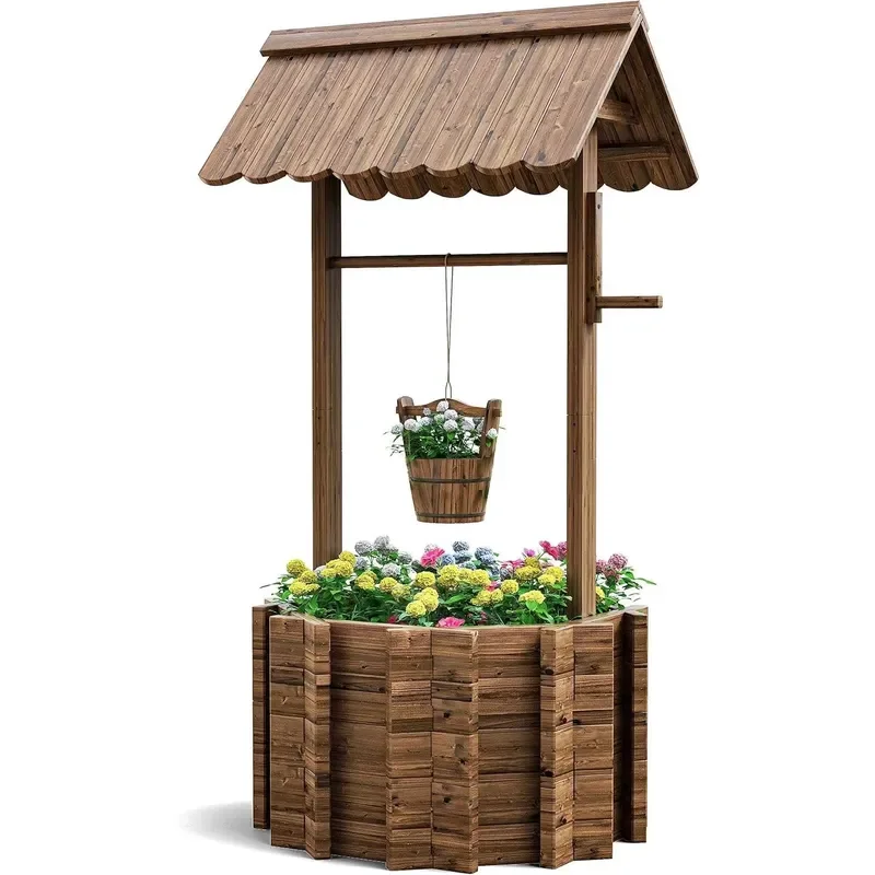 Large Vintage Fir Wood Wishing Well Flower Planter with Adjustable Hanging Bucket Rustic Garden & Home Decor