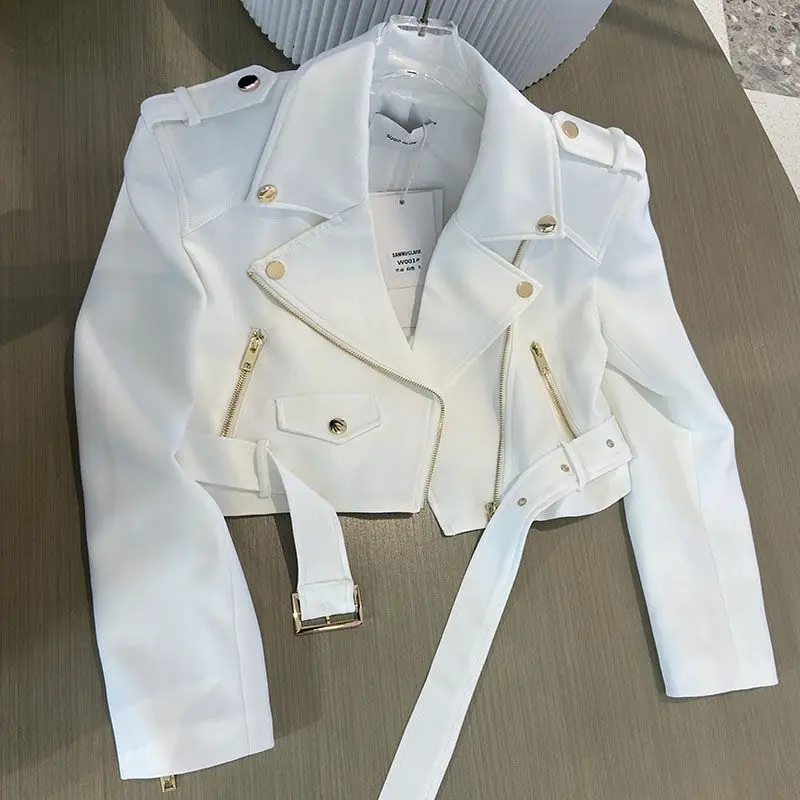 Fashion All-match White Motorcycle Jackets 2026 Spring New Notched Collar Coat Women Y2k Long Sleeve Slim Fit Tops Mujer