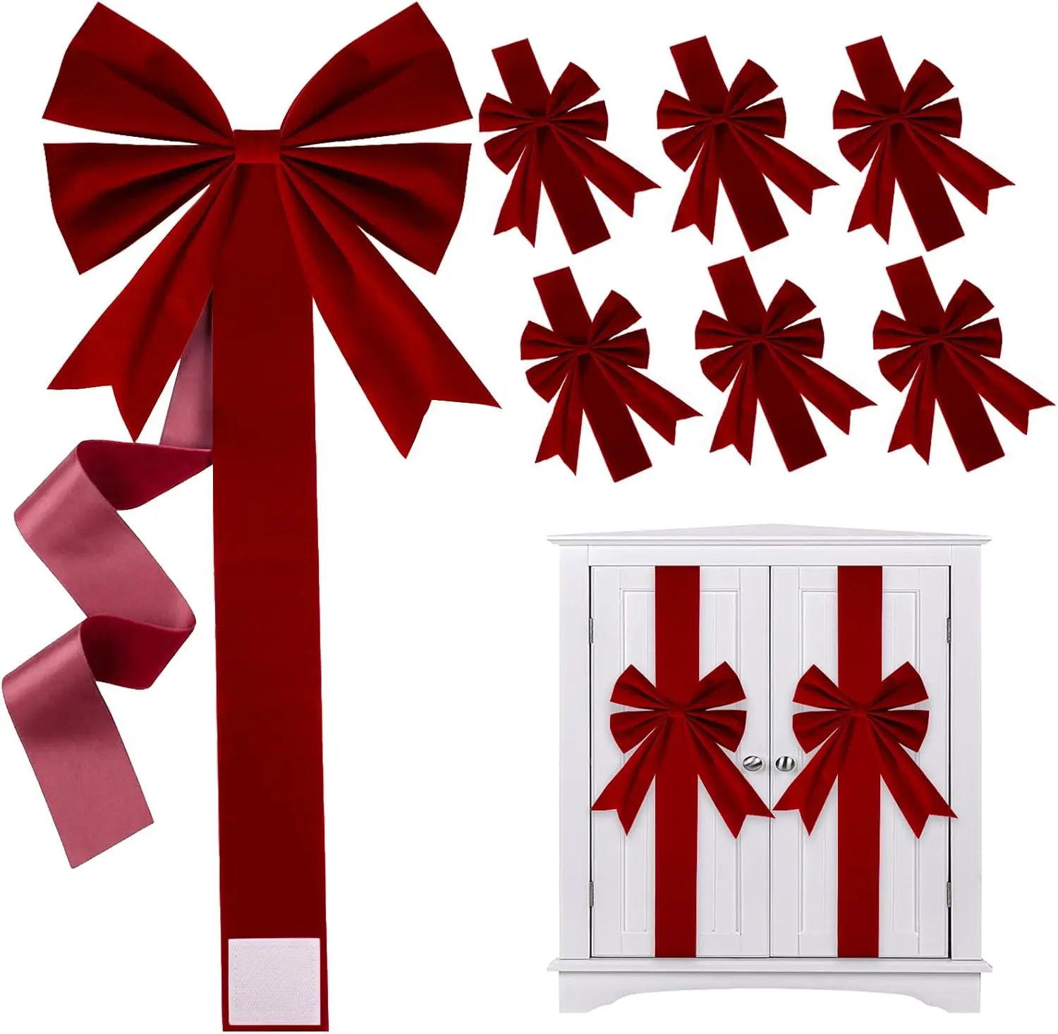 4 Pieces Large Velvet Burgundy Christmas Cabinet Bows Ribbon Peel Stick Christmas Bow Ribbon Easy to Install on Cabinet Door