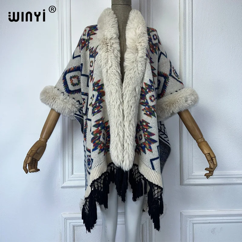 WINYI Winter Afrikanische Strickjacke Druck Abaya Dubai Luxus Outfits für Frauen Fransen Mantel Vorne Offen Kimono Poncho Frauen Winter