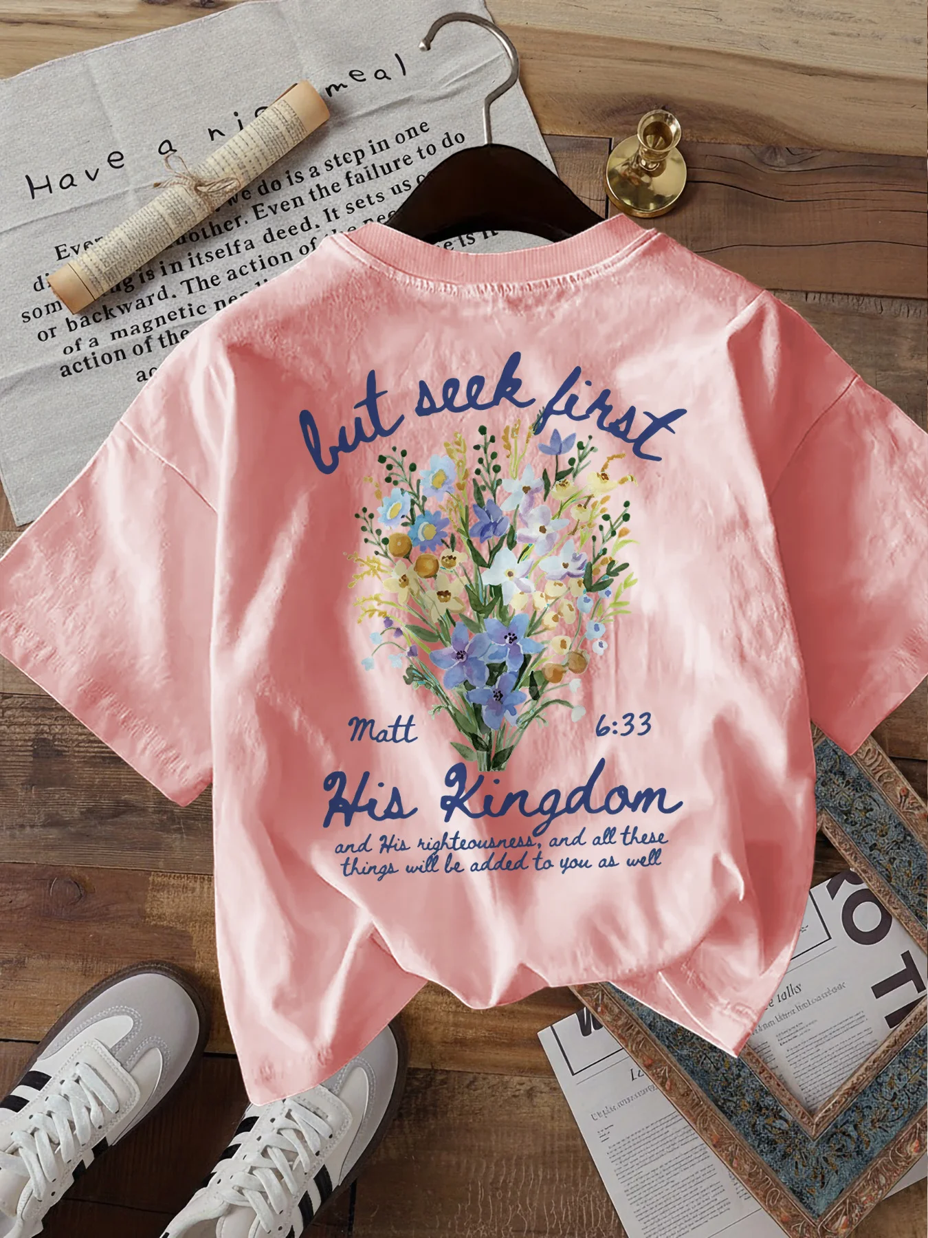 Women'S Casual Short Sleeve T-Shirt Watercolor Floral and Bible Verse Print Crew Neck Harajuku Sleeve Casual Aesthetic Clothe view 6