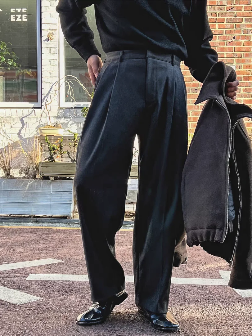 

American k Button Design Workwear Men's Iron-Free Loose Straight Leg Casual Suit Pants Bule Waist Trousers