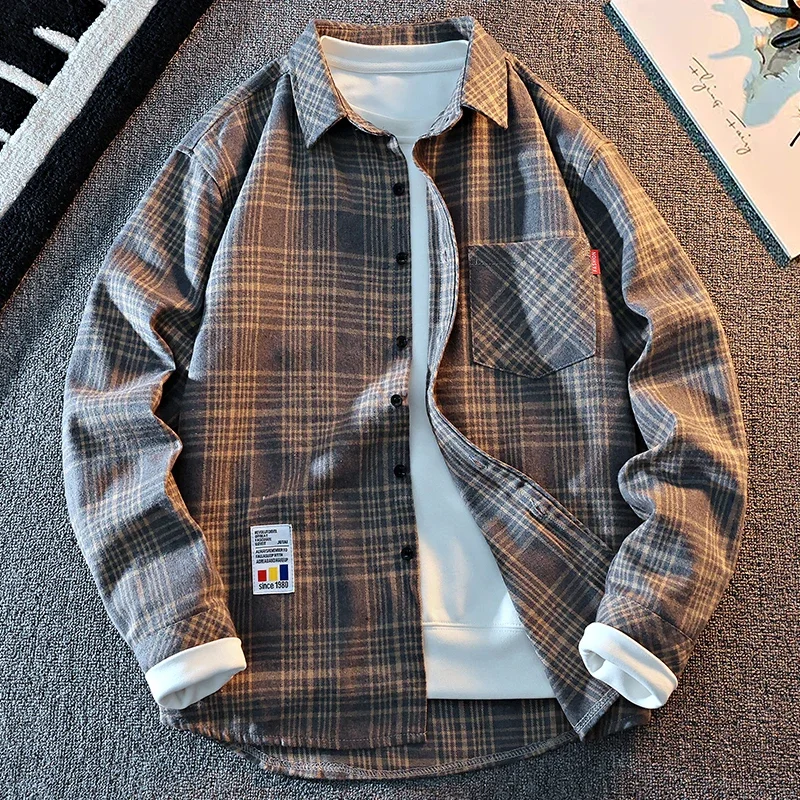 Men Casual Grid Shirt Turn Down Collar Single Pocket Small Woven Label Loose Cut Spring Autumn Long Sleeve Blouse