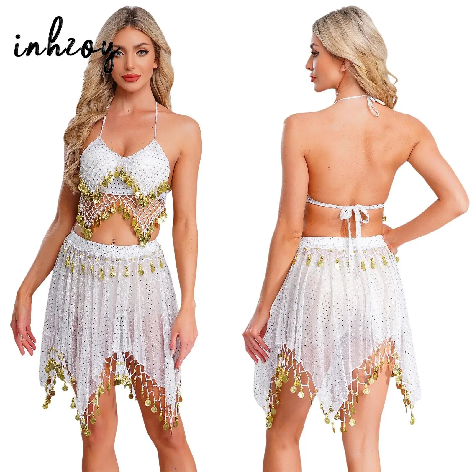 Buikdansoutfits voor dames, crop top met kwastjes en lovertjes en rok met onregelmatige zoom voor buikdanswedstrijdkostuum uit het Midden-Oosten