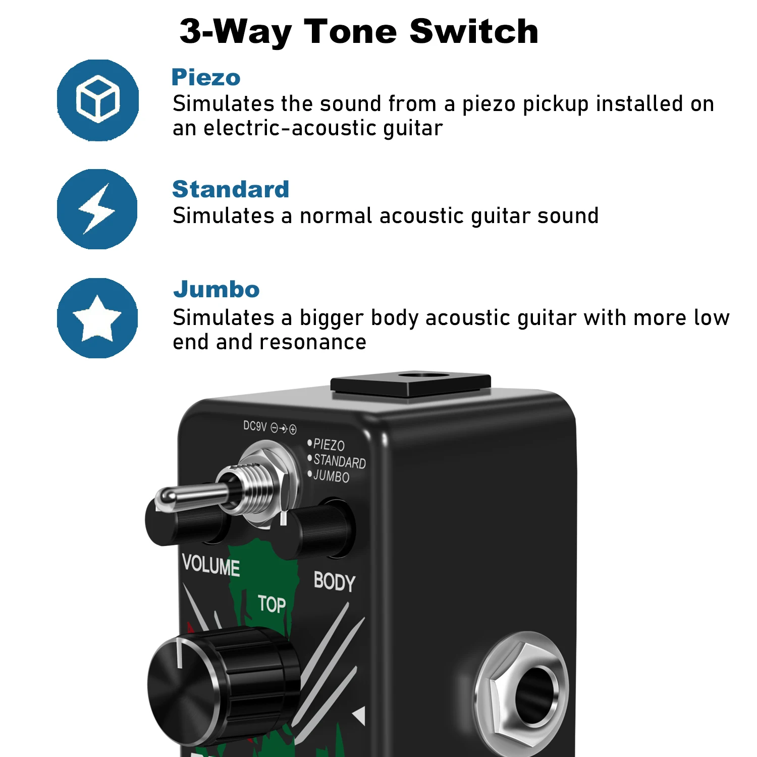 Acoustikar Acoustic Guitar Simulator Pedal, 3 Modes Piezo/Standard/Jumbo, Nature and Smooth Acoustic Guitar Sound