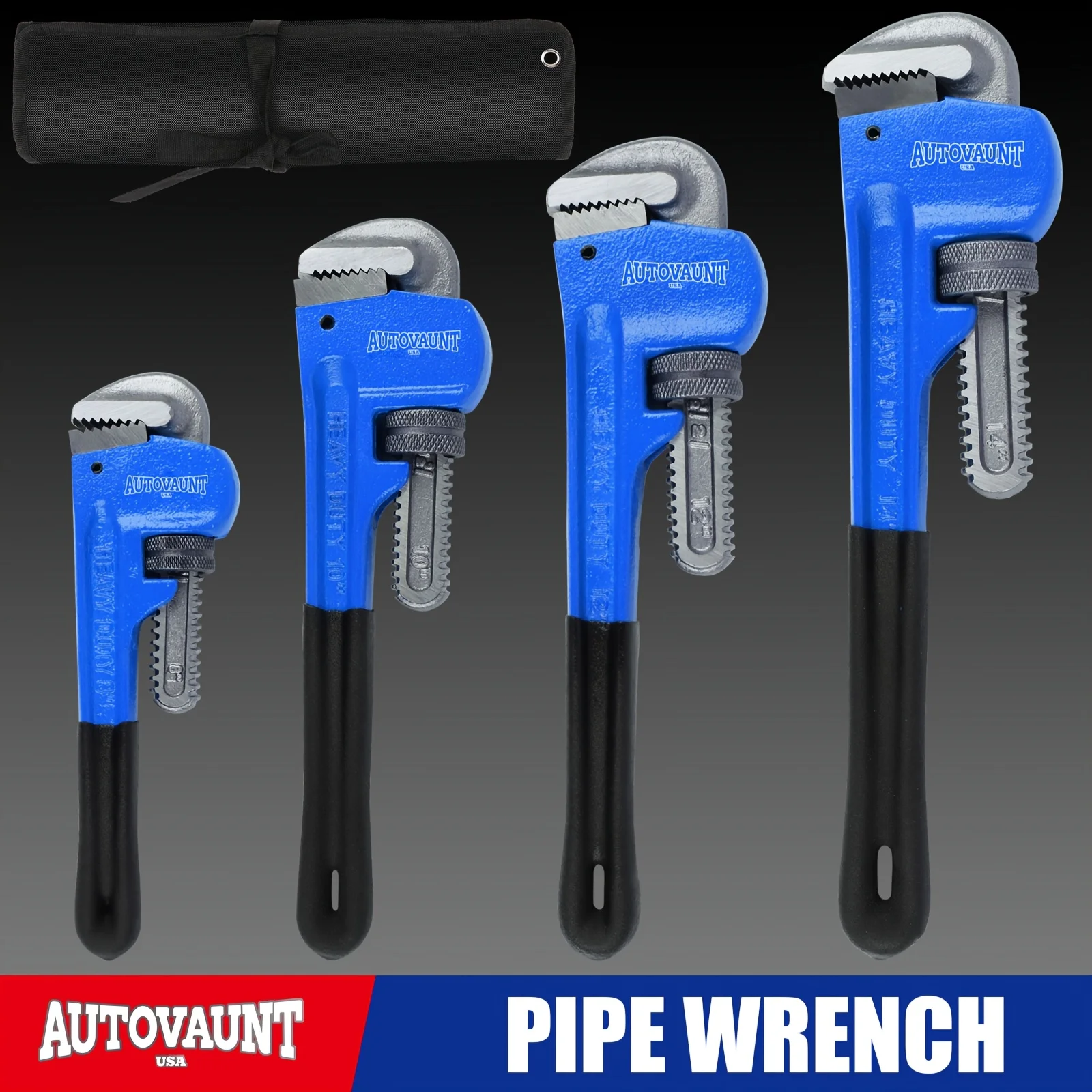 

HORUSDY 4 Pack Heavy Duty Pipe Wrench Set, Adjustable 8" 10" 12" 14" Soft Grip Plumbing Wrench Set with Storage Bag