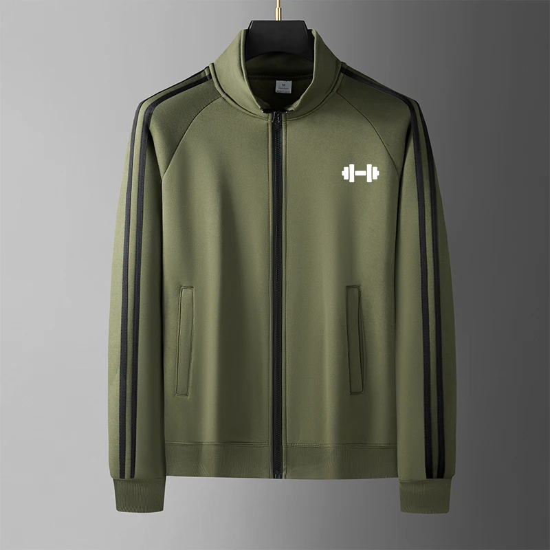 Men Casual Sports Track  Stand Collar Full Zip 3  Stripes  Logo Print Long Sleeve Sportswear Male Training Street Outer Coat