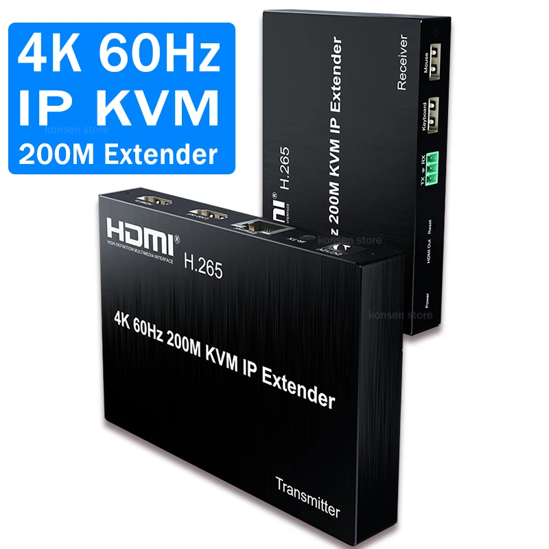 H.265 200M HDMI IP KVM Extender 4K 60Hz over CAT6 Cable HDMI USB KVM Ethernet Extender Support Network Switch 1 TX to Multi RX