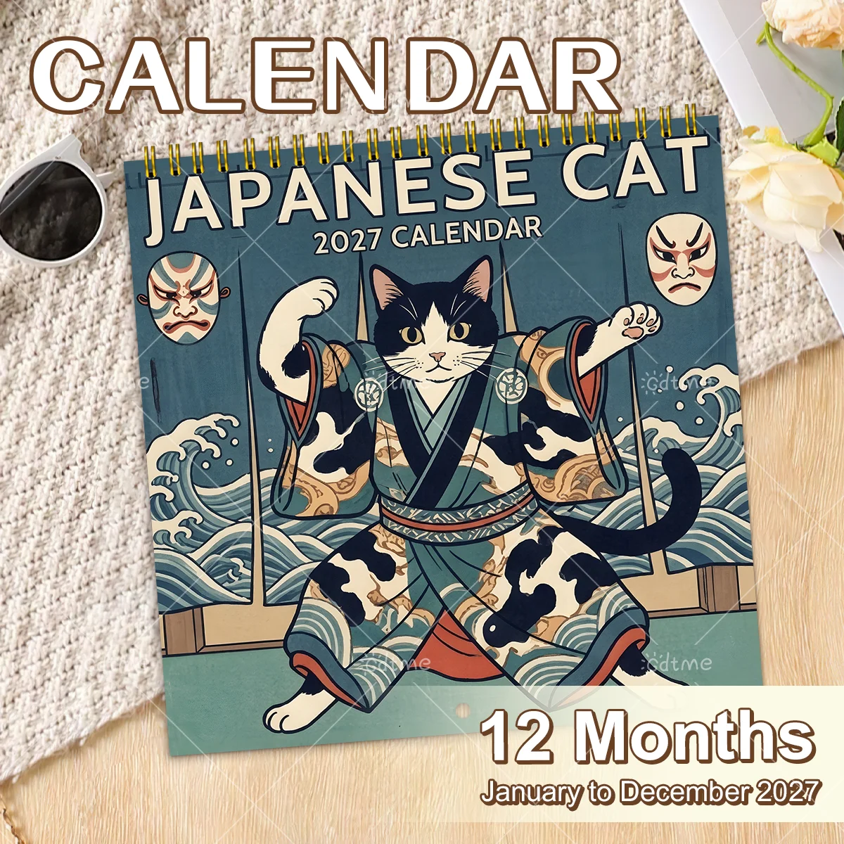 2027 Japanese Cat Wall Calendar Spiral Bound 12 Monthly Planner Ukiyo-e Style Art Home Decor Gift for Cat Lovers