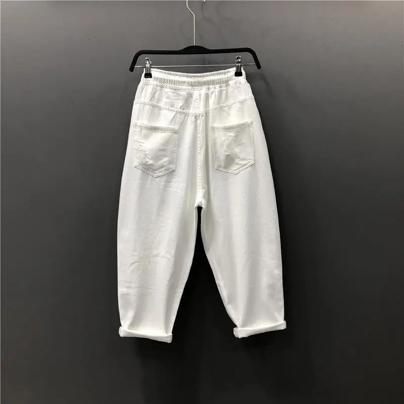 Spring Summer New Distinctive Ripped Jeans Women's Retro Cropped Staggy Elastic Waist Jeans Loose Slim Look Harlan Pants Pants
