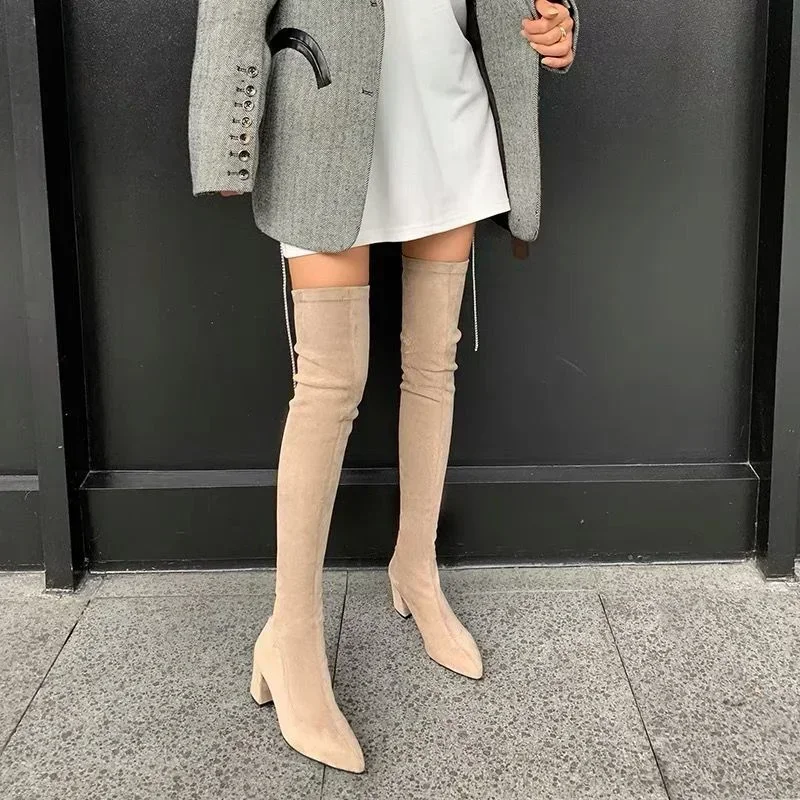 Over The Knee High Boots Women Pointed Toe High Heels Chelsea Snow Boots 2024 Trend Winter Suede Sexy Chunky Pumps Zapatos Mujer