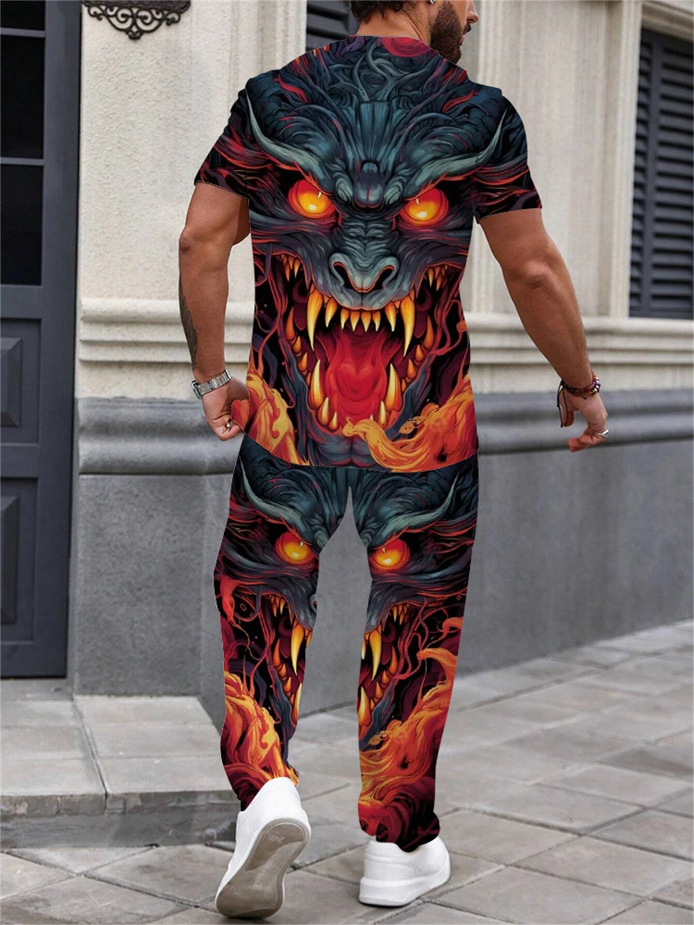 Heren Casual Trainingspakken 2 Delige Set T-Shirt Broek Met Korte Mouwen Tweedelige Coiling Drakenvlam Print Set Coole Herenkleding