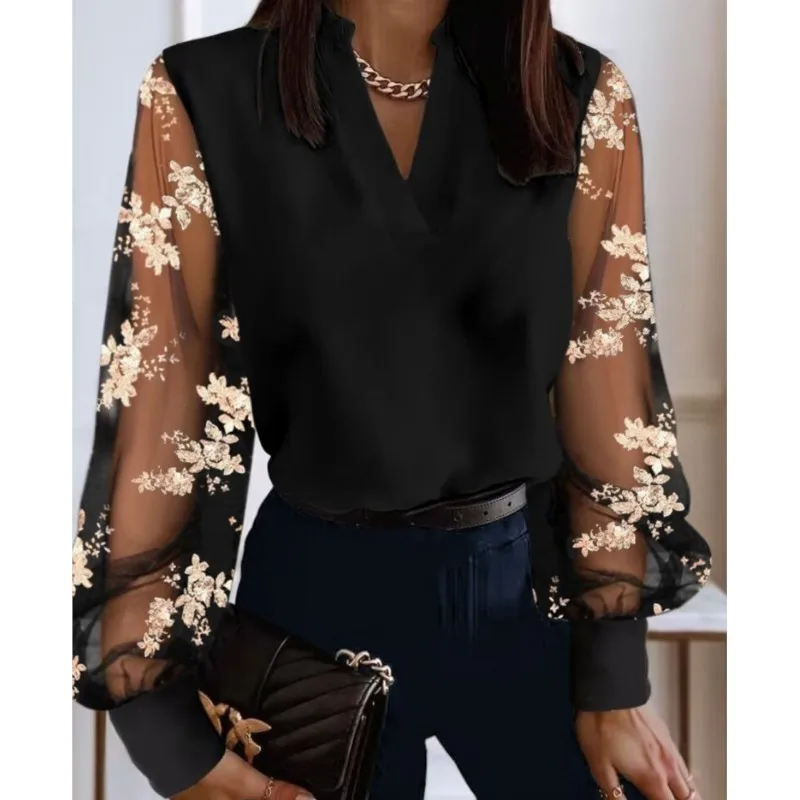 Elegant Blouses For Women Fashion Lace Long Sleeve V-neck Shirt Spring Autumn Casual Office Tops Black Women\'s Clothing 2024