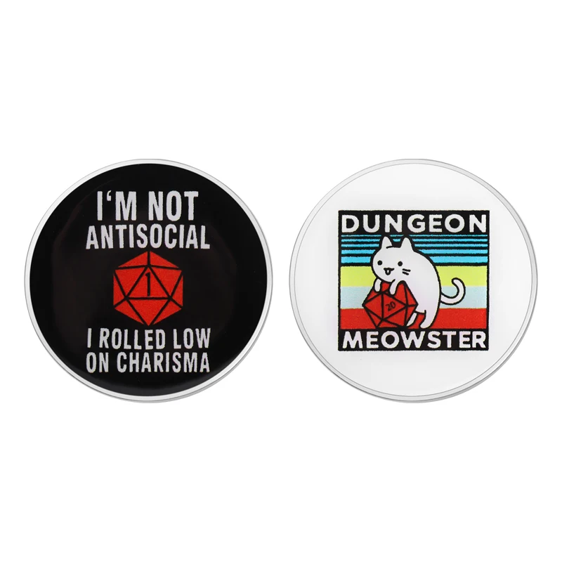 I'm Not Antisocial I Rolled Low on Charisma Enamel Pins Cosplay Dice Game Dungeon Meowster Cat Brooch Lapel Badge Jewelry Gifts