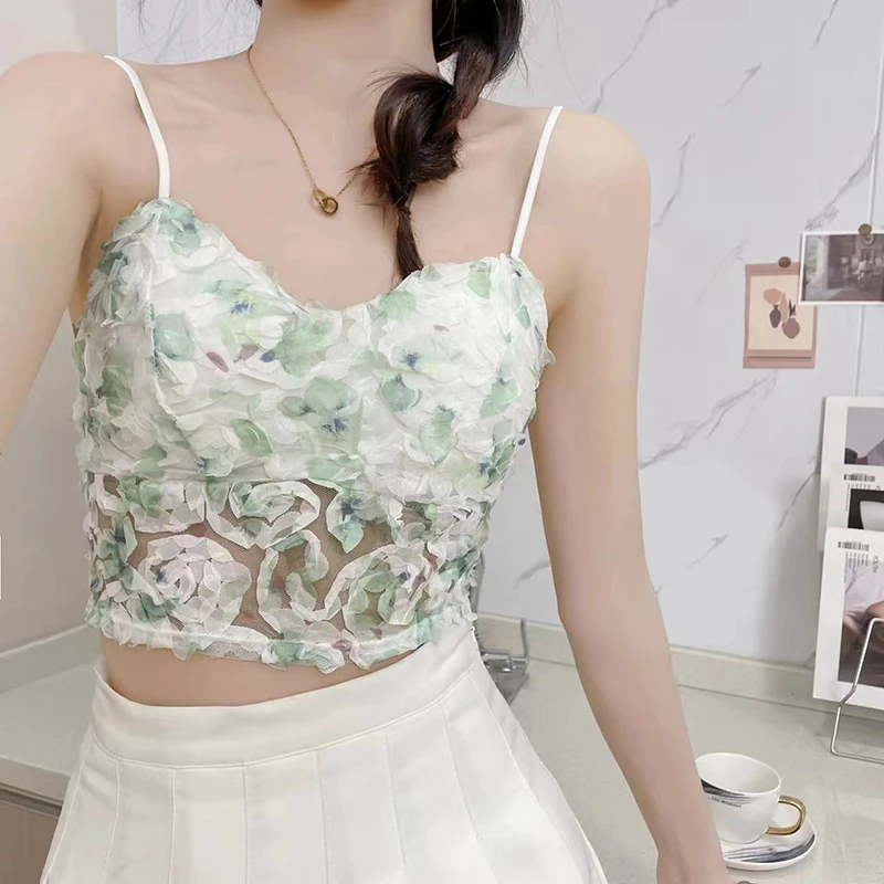 Summer Sweet Floral Corset Vest Office Lady Beach Style Sleeveless Blouse Women Fashion Sexy Lace Slim Crop Tops