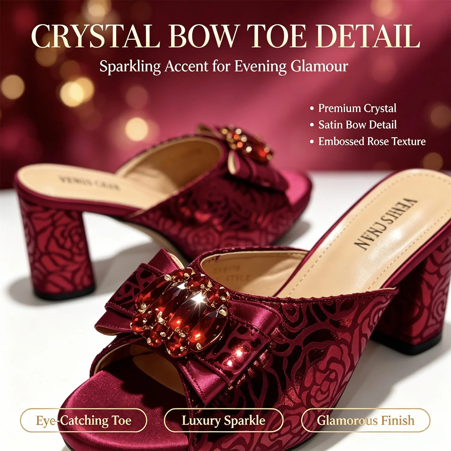 Conjunto de zapatos y bolso de mujer con encaje de satén morado de lujo, tacón de bloque con lazo de pedrería, sandalias abiertas, para bodas, fiestas y eventos nocturnos.