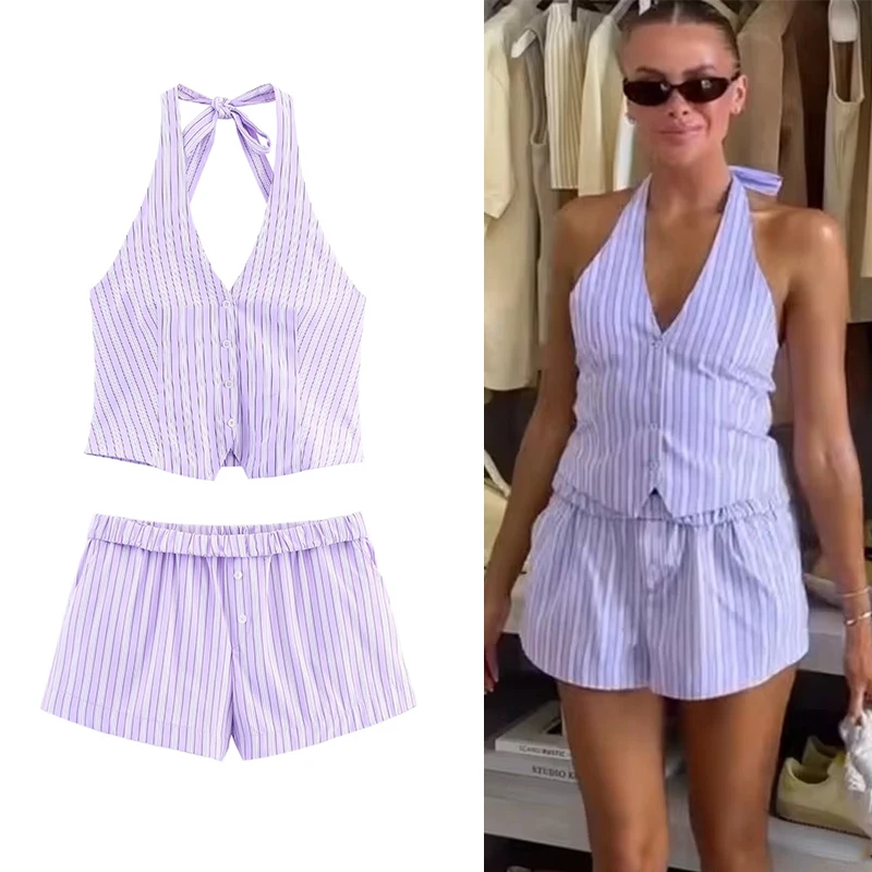 TRAF-Conjunto de pantalones cortos a rayas con cuello Halter para mujer, 2 piezas, sin mangas, sin espalda, chaleco, Tops, pantalones cortos informales, trajes elegantes para mujer ﻿