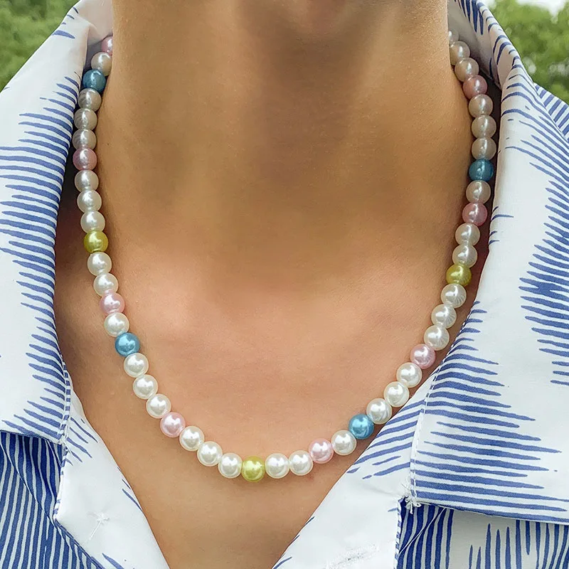 Colorful Pearl Beads Chains Collar Necklace Men Cool Hiphop Pearl Necklace Clavicle Chain Korean Fashion Neck Jewelry Teenager