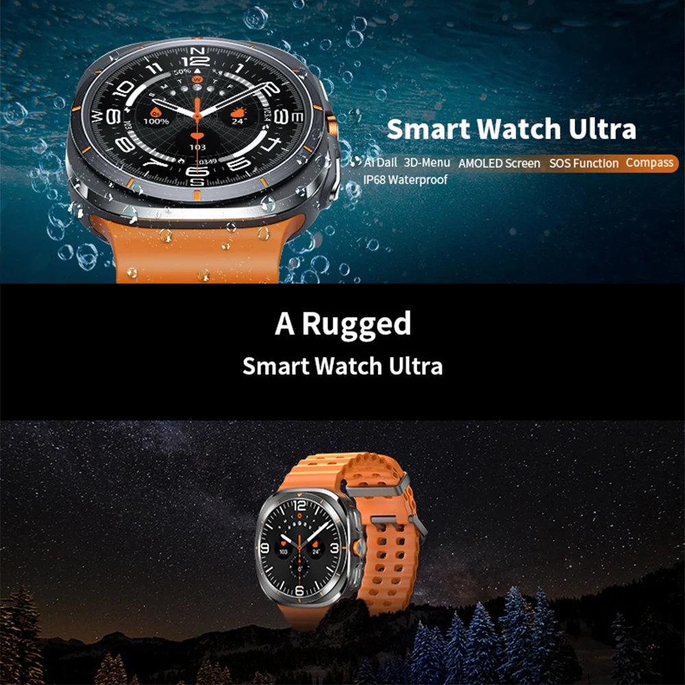 W7 AMOLED Smart Watch Ultra 7 Ai Dail 3D Menu SOS Compass Men Smartwatch Women Bluetooth Call Wireless Charging Sport Waterproof