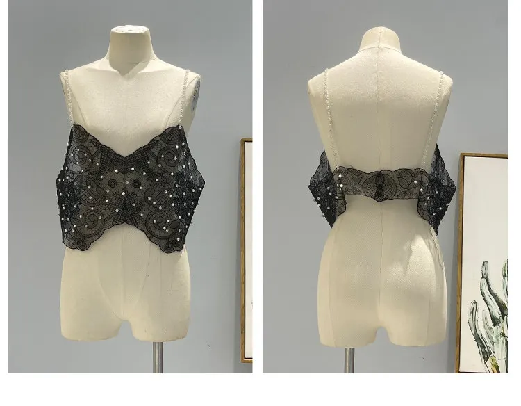 New Backless Strapless Suspender With Exposed Navel, Diamond Studded Suspender, Nail Bead Nightclub Lace Hollow Top