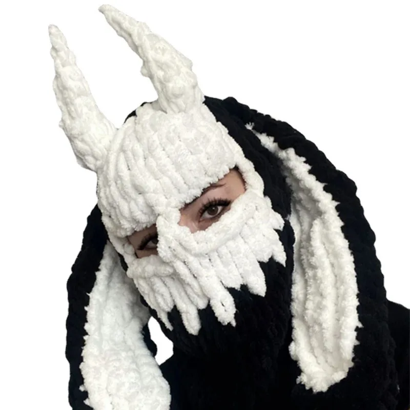 2022 New Halloween Unisex Knitted Balaclava Hat Devil\'s Horn Winter Warm Adult Party Funny Beanies Cap Handmade Bonnet