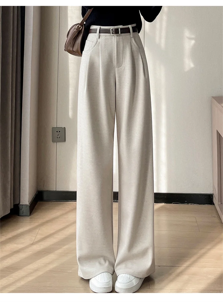 2023 Autumn and Winter New Wool Blended Wide-Leg Pants Straight Mopping Pants High Waist Slim Lengthened Casual Pants for Women
