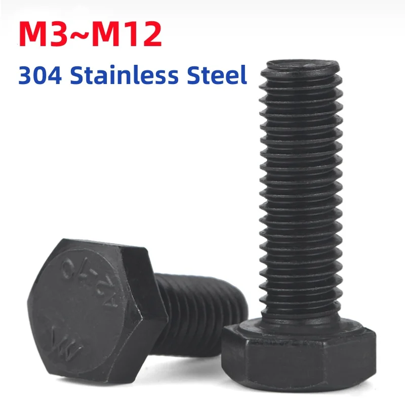 M3 M4 M5 M6 M8 M10 M12 Black 304 Stainless Steel Hexagon Head Bolts Full Thread External Hex Hexagon Head Screws