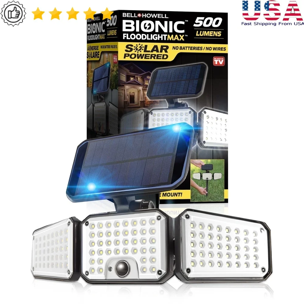 

Solar Powered Outdoor Motion Sensor LED Floodlight Waterproof 3-Head Light 120 LEDs 500 Lumens Patio Yard Security