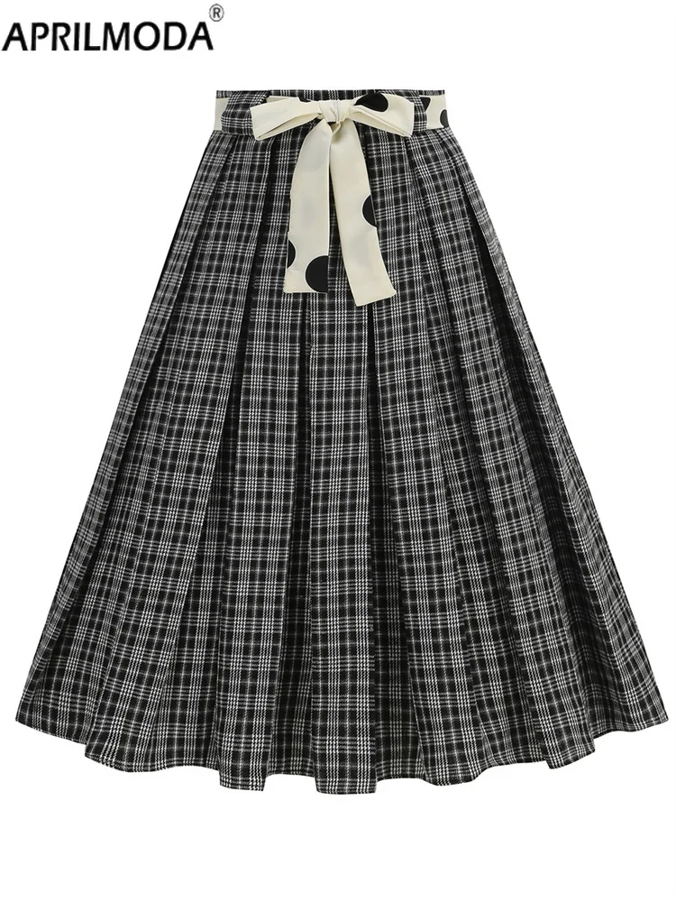 

Новое поступление 2025 года, винтажная плиссированная длинная короткая юбка миди в клетку с принтом в стиле ретро для женщин, коктейльная юбка трапециевидной формы с высокой талией